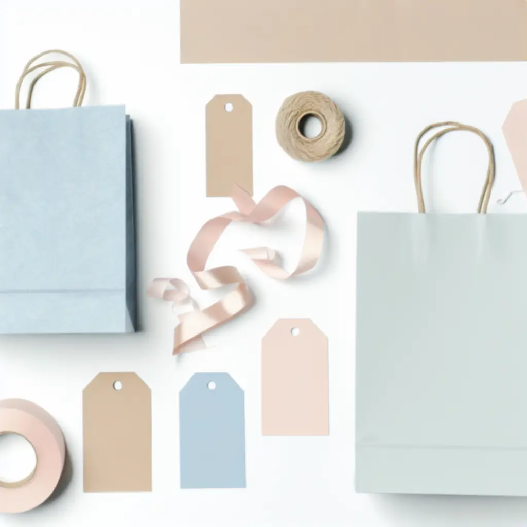 Színes ajándékzacskók és díszzsinórok rendezett, letisztult környezetben.