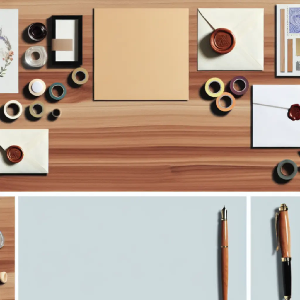 Asztalon elrendezett kreatív borítékok, jegyzetek és írószerek inspiráló környezetben
