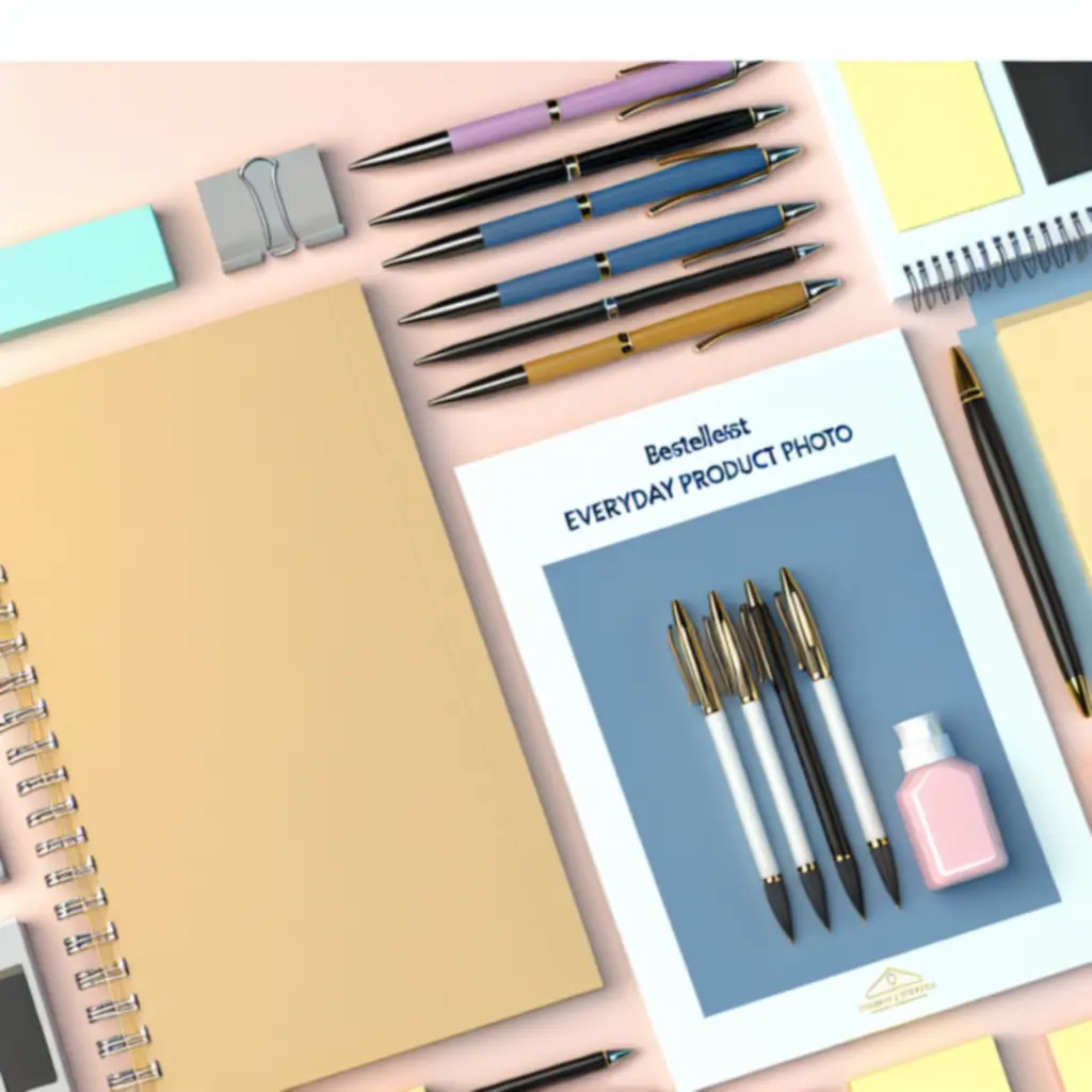 Asztalon elhelyezett válogatott irodai kellékek és írószerek