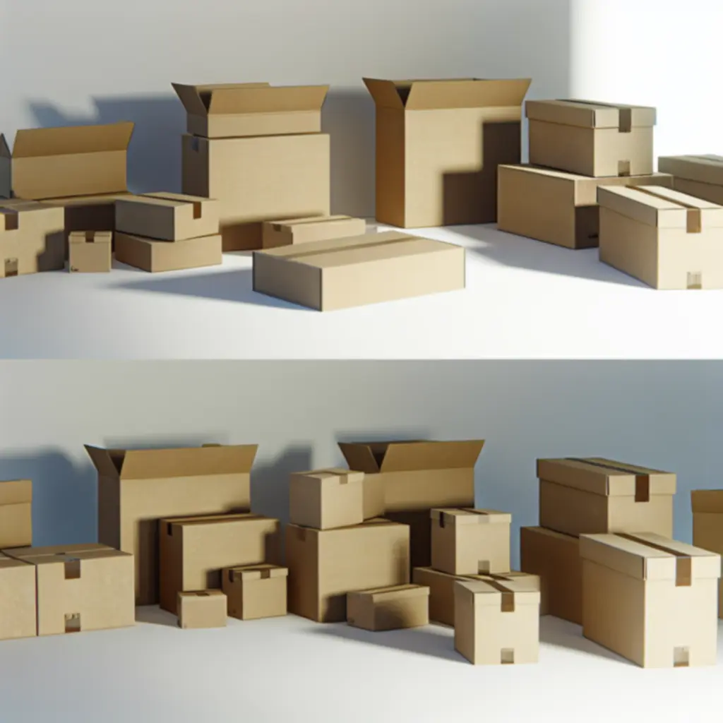 Különböző méretű kartondobozok egymás mellett elrendezve, webáruházi csomagoláshoz.