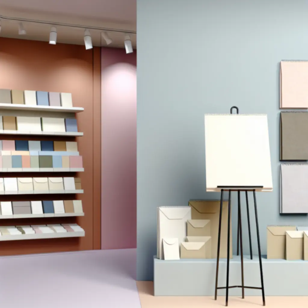 Válogatott papíráruk és füzetek rendezett, letisztult bolti megjelenítése.