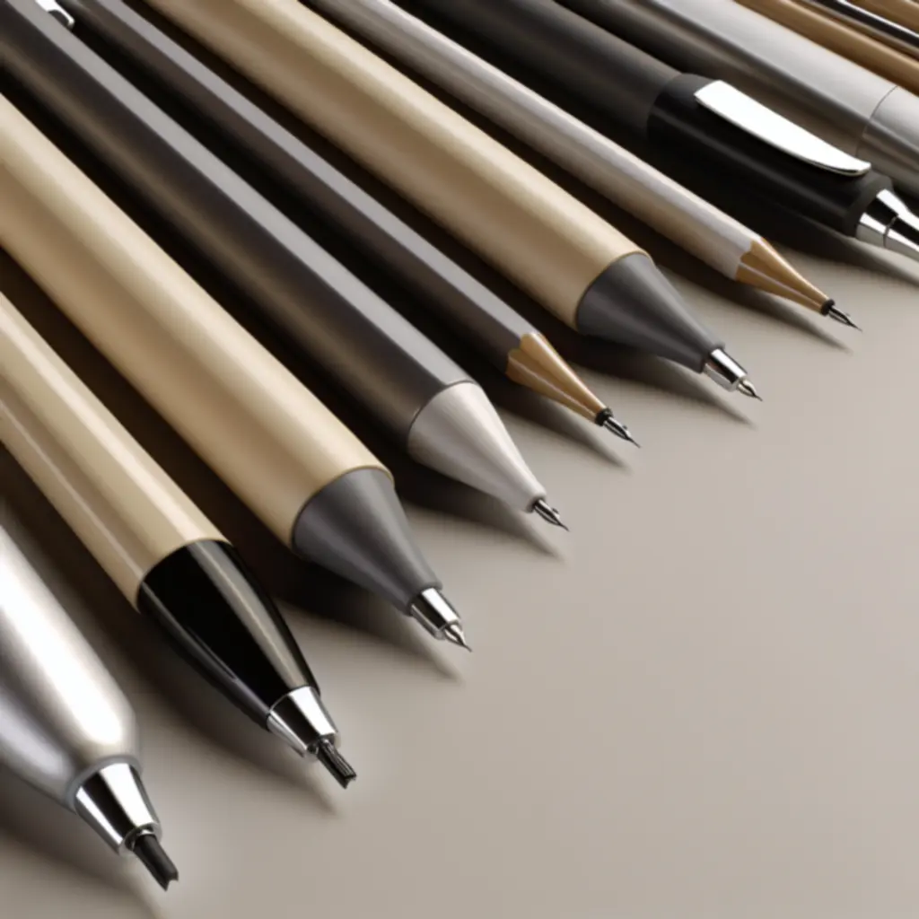 Különféle prémium tollak és írószerek rendezve egy asztalon