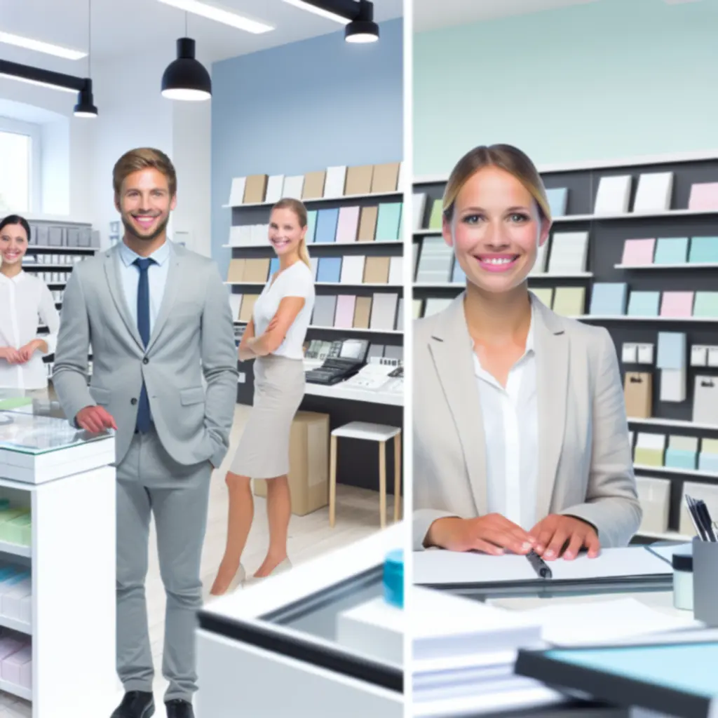 Papermarkeet csapat a papír- és írószerboltban, rendezett polcokkal és barátságos légkörrel.