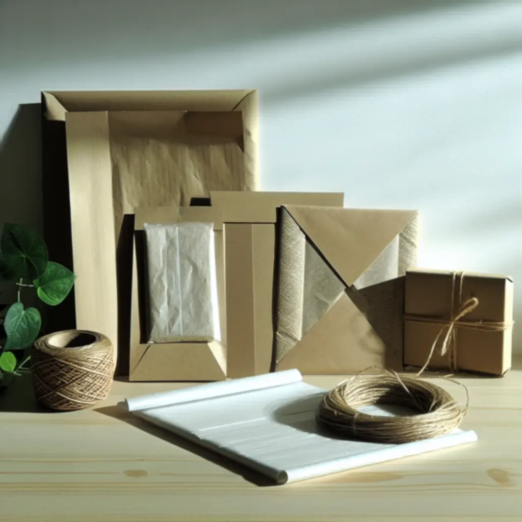 Környezetbarát, újrahasznosítható csomagolóanyagok rendezett kompozícióban.